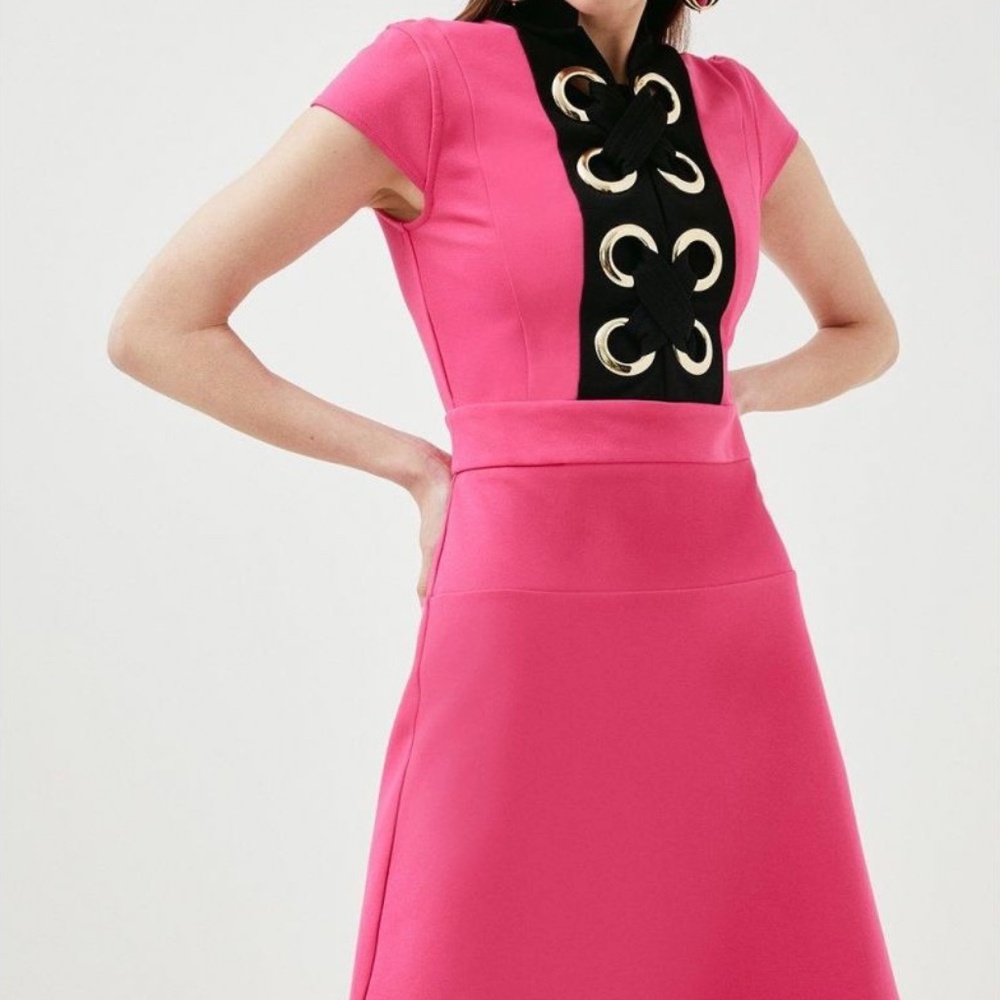 KAREN MILLEN FUSCHIA PINK EYELET TRIM DETAIL JERSEY DRESS US8 UK12